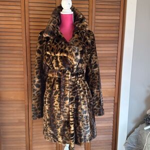 Calvin Klein Leopard faux fur coat knee length with belt size M.